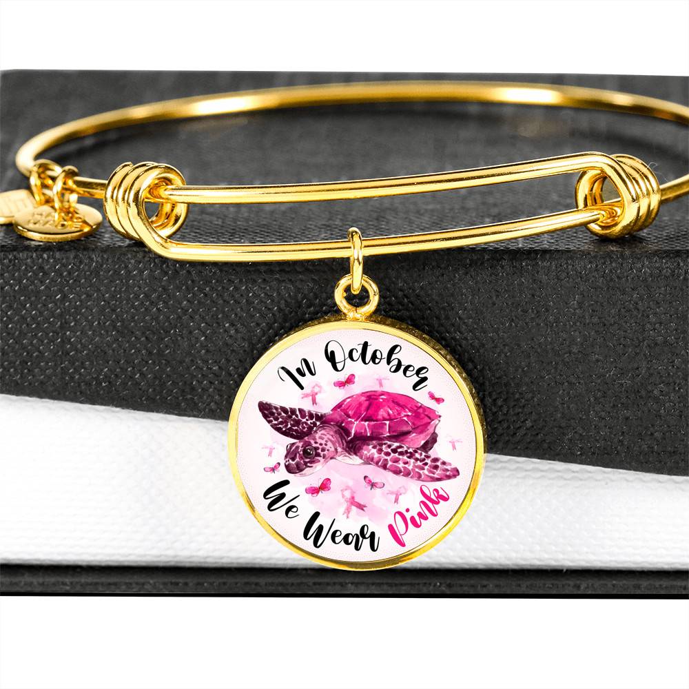 Turtle In October We Wear Pink Circle Breast Cancer Awareness Pendant Necklace - Breast Cancer Survivor Bangle Turtle In October We Wear Pink Circle Breast Cancer Awareness Pendant Necklace - Breast Cancer Survivor Bangle