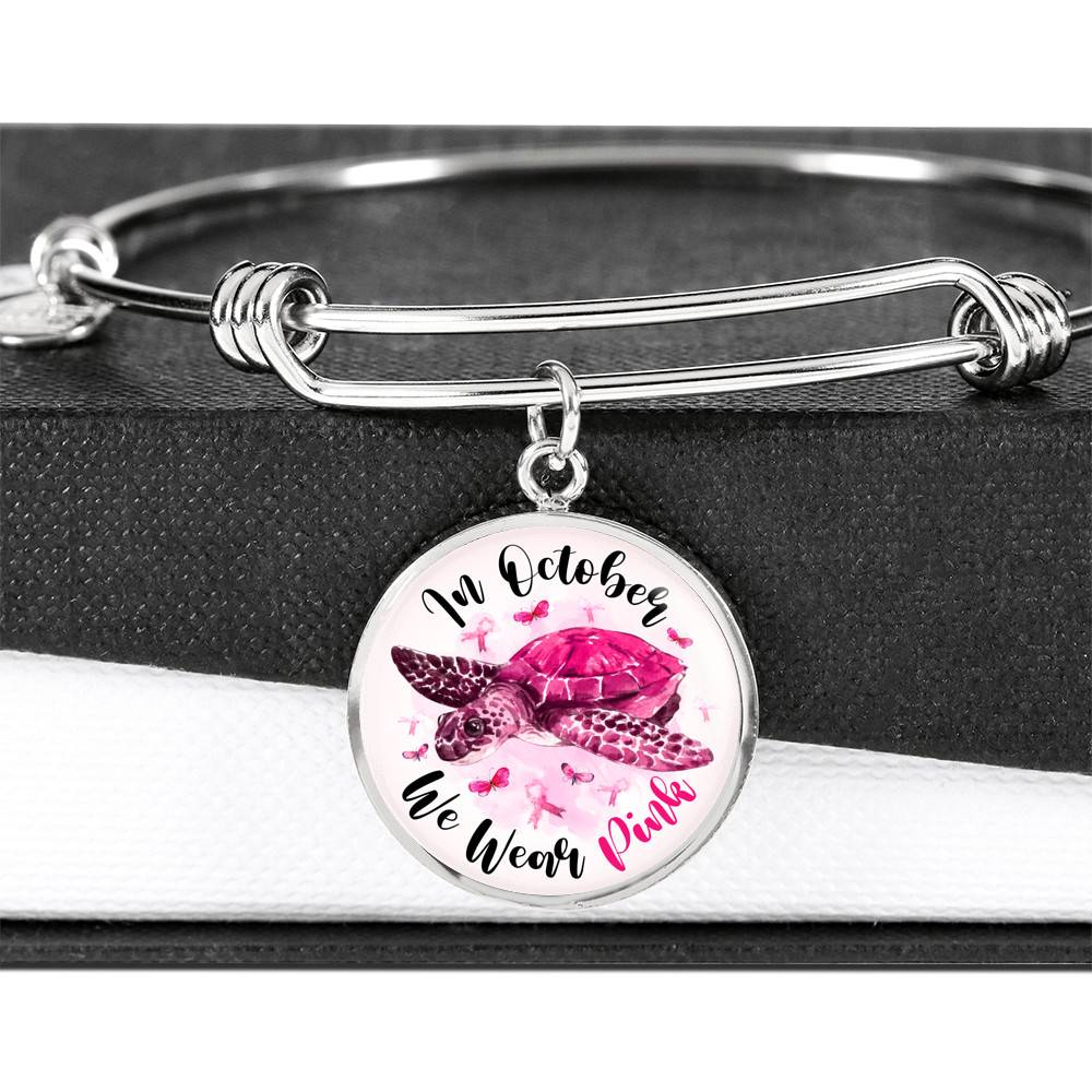 Turtle In October We Wear Pink Circle Breast Cancer Awareness Pendant Necklace - Breast Cancer Survivor Bangle Turtle In October We Wear Pink Circle Breast Cancer Awareness Pendant Necklace - Breast Cancer Survivor Bangle