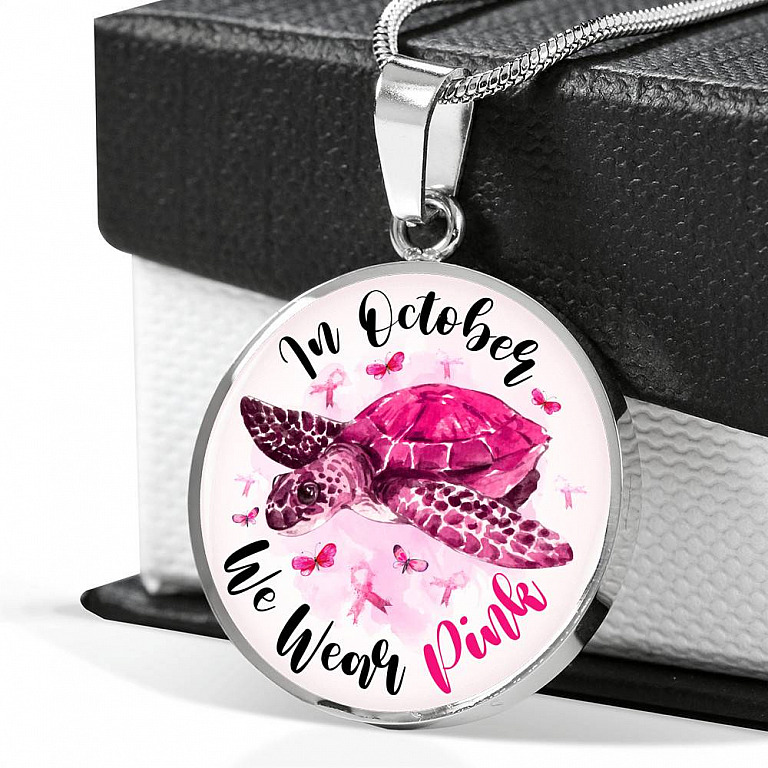 Turtle In October We Wear Pink Circle Breast Cancer Awareness Pendant Necklace - Breast Cancer Survivor Bangle