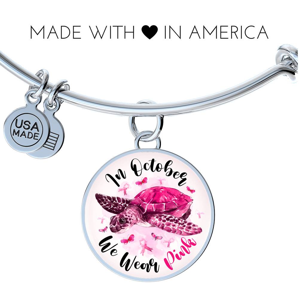 Turtle In October We Wear Pink Circle Breast Cancer Awareness Pendant Necklace - Breast Cancer Survivor Bangle Turtle In October We Wear Pink Circle Breast Cancer Awareness Pendant Necklace - Breast Cancer Survivor Bangle