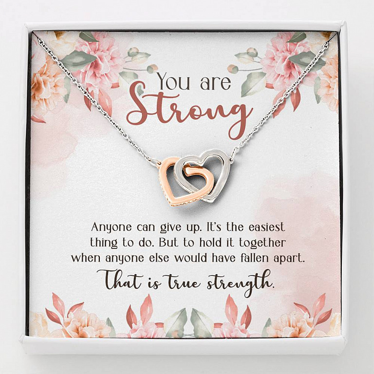 You Are Strong Survivor Interlocking Hearts Pendant Necklace - Cancer Recovery Affirmation Encouragement Gift - Interlocking Hearts Necklace
