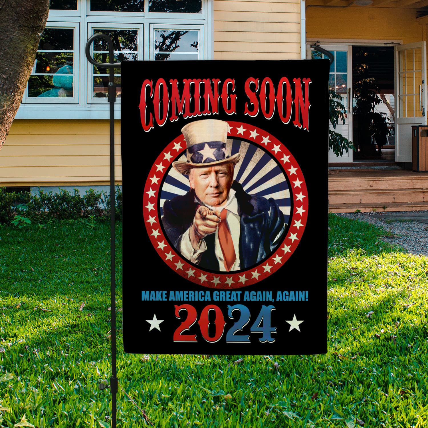 6LV. Trump Coming Soon Garden Flag Mockup 3