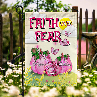 Faith Over Fear Hope Fight Believe Breast Cancer Awareness Pink Pumpkins Decorative Garden Flag - Indoor Outdoor Flag - House Flag
