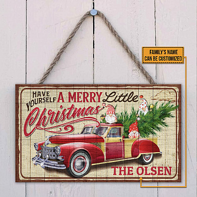 Personalized Family Name Have Yourself a Merry Little Christmas Gnome Truck Rectangle Wooden Door Sign - Indoor Outdoor Decor Farmhouse