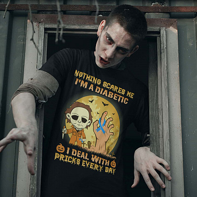 Alternative view of Funny Halloween Diabetes Boo Meme Saying T-Shirt - Nothing Scares Me I'm Michael A Diabetic Myers I Deal With Pricks Everyday Shirt
