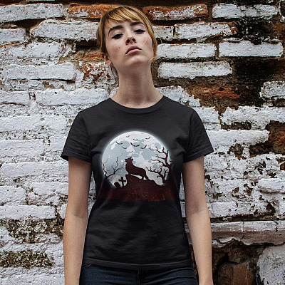 Alternative view of Funny Corgi Dog Silhouette Scary And Moon Halloween T-Shirt