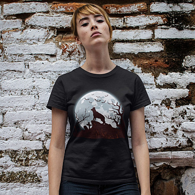 Alternative view of Funny German Shepherd Dog Silhouette Scary And Moon Halloween T-Shirt