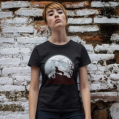 Alternative view of Funny Dachshund Dog Silhouette Scary And Moon Halloween T-Shirt
