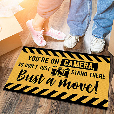Alternative view of You're on Camera so Don't Just Stand There Bust a Move Joke Welcome Mat Entrance Indoor Outdoor Decorative Doormat