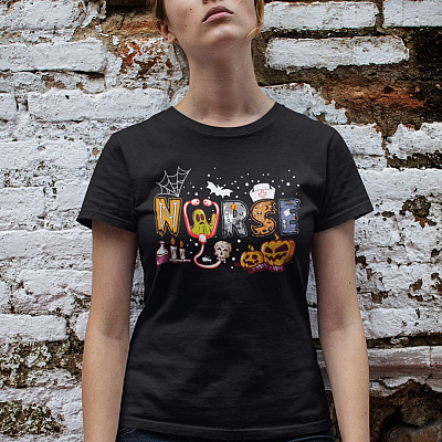 Alternative view of Nurse Halloween Stethoscope Heartbeat Pumpkin Ghost T-Shirt - V-Neck Shirt