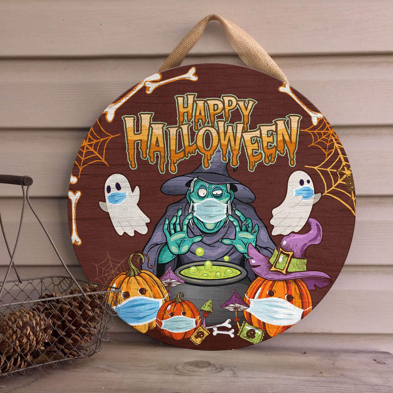 5HV. Happy Halloween Wear Mask Door Sign Mockup 4