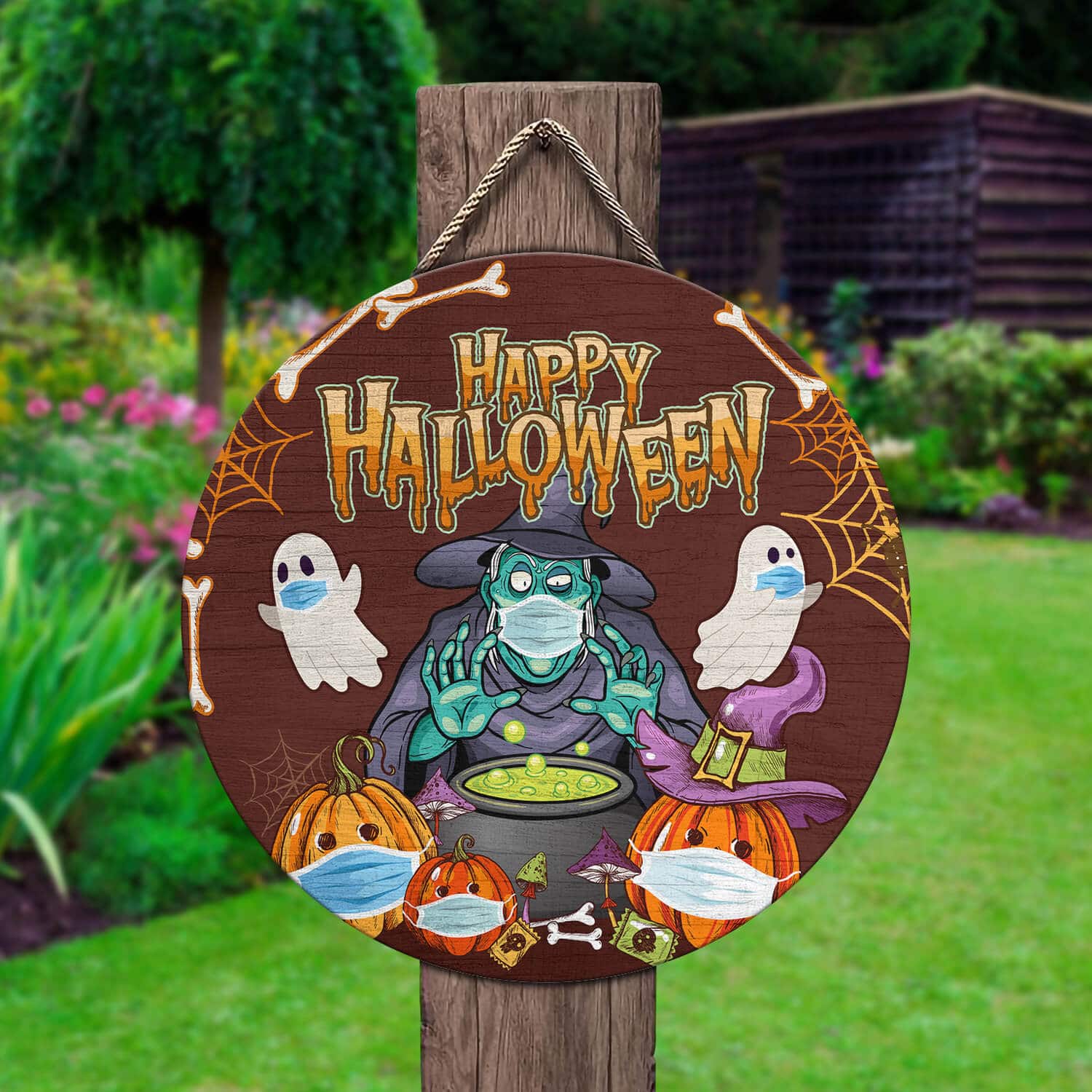 5HV. Happy Halloween Wear Mask Door Sign Mockup 2