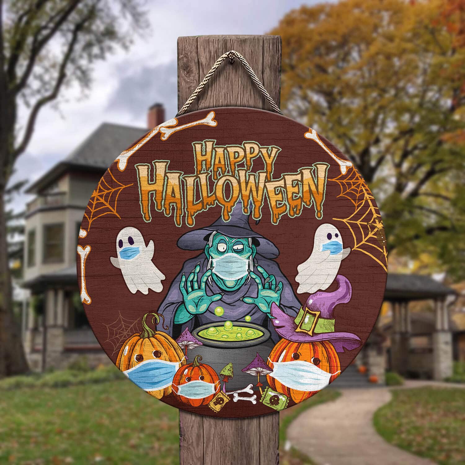 5HV. Happy Halloween Wear Mask Door Sign Mockup 3