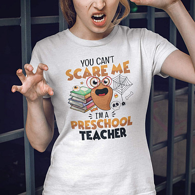 Alternative view of You Can't Scare Me I'm A Preschool Teacher Funny Halloween T-Shirt - V-Neck Shirt