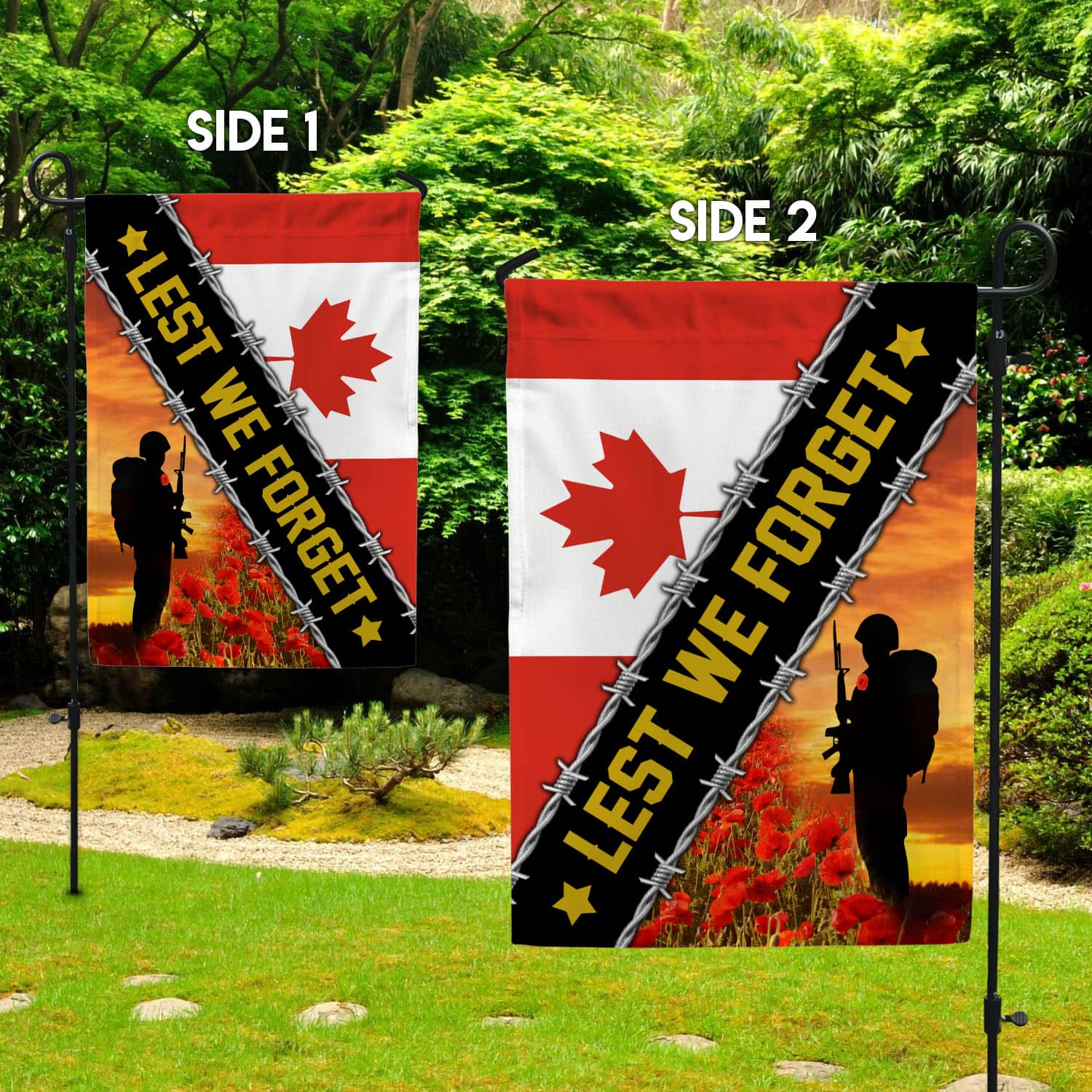 1VT. Lest We Forget Canada 2 Sides Garden Flag Mockup 2 Side