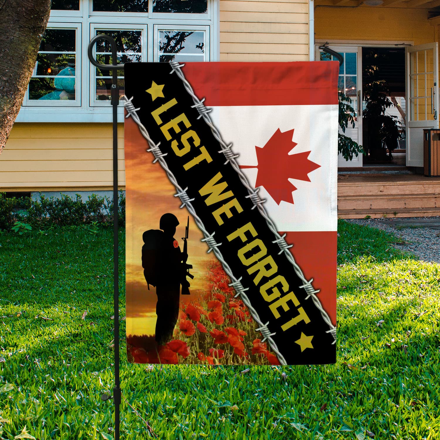 1VT. Lest We Forget Canada 2 Sides Garden Flag Mockup 3