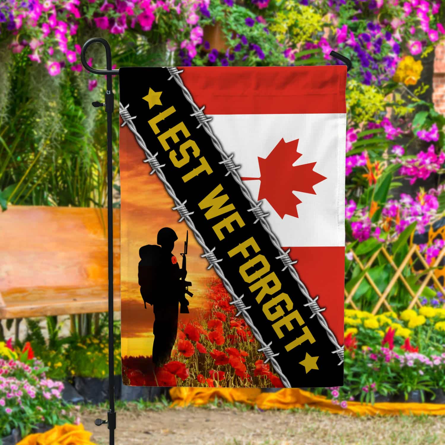 1VT. Lest We Forget Canada 2 Sides Garden Flag Mockup 4