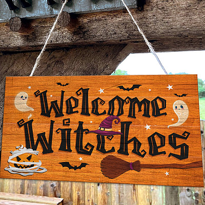 Alternative view of Welcome Witches Halloween Rectangle Wooden Door Sign - Front Porch Sign Decor