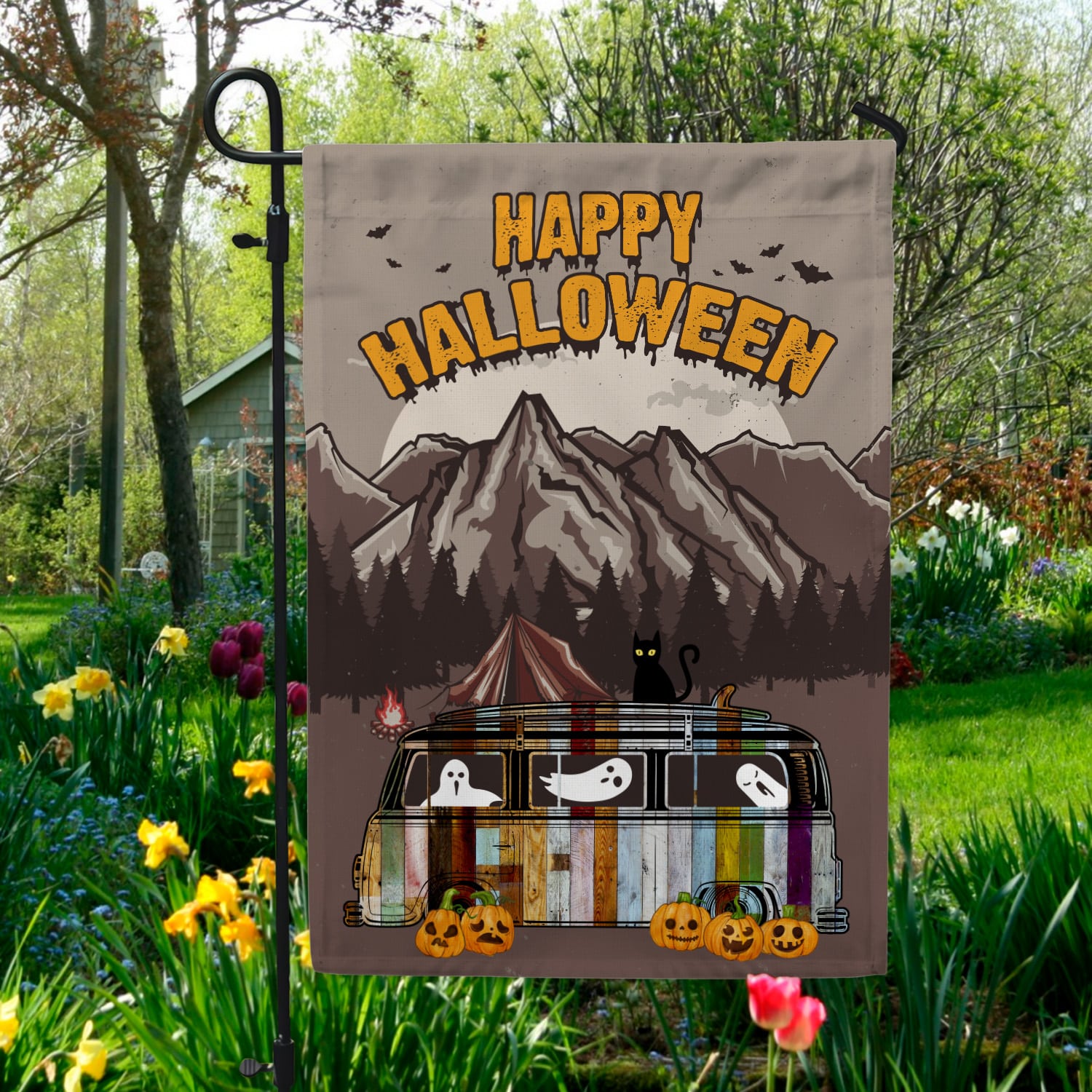 7NH. Happy Halloween Camper 30x40 Garden Flag Mockup 5