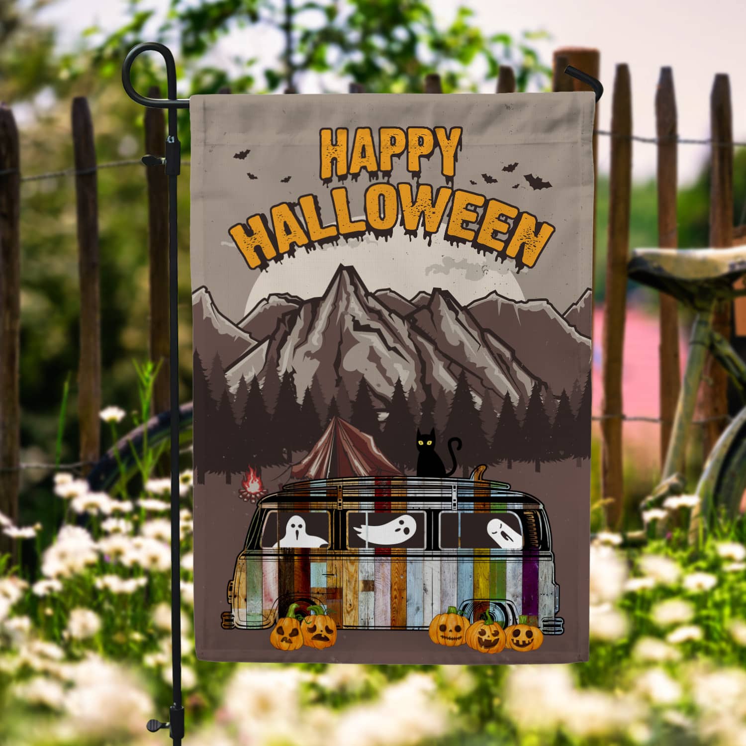 7NH. Happy Halloween Camper 30x40 Garden Flag Mockup 6