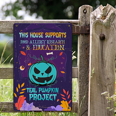This House Support Food Allergy Teal Pumpkin Project Decorative Metal Sign - Halloween Teal Pumpkin Sign