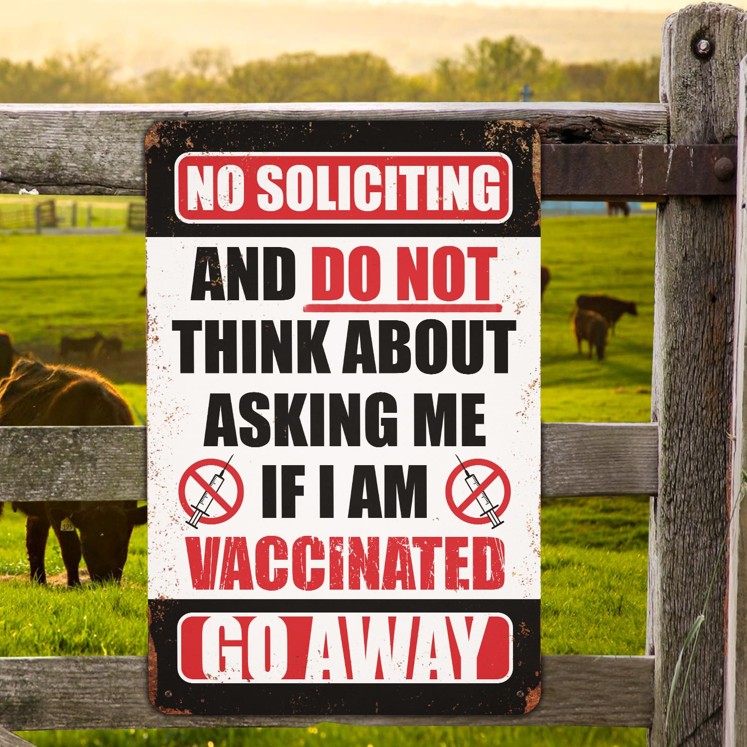 7KNG. Vaccine go away Metal Sign Mockup 5