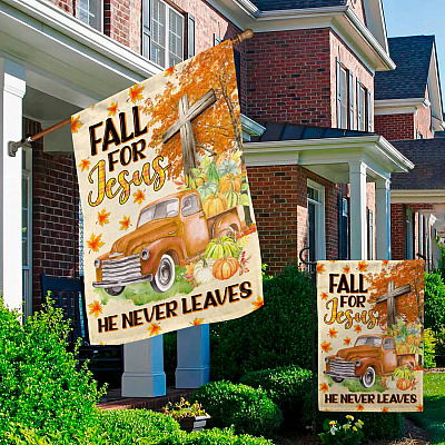 Alternative view of Fall For Jesus He Never Leaves Garden Flag - Christian Cross Autumn Pumpkin Truck Halloween House Flag