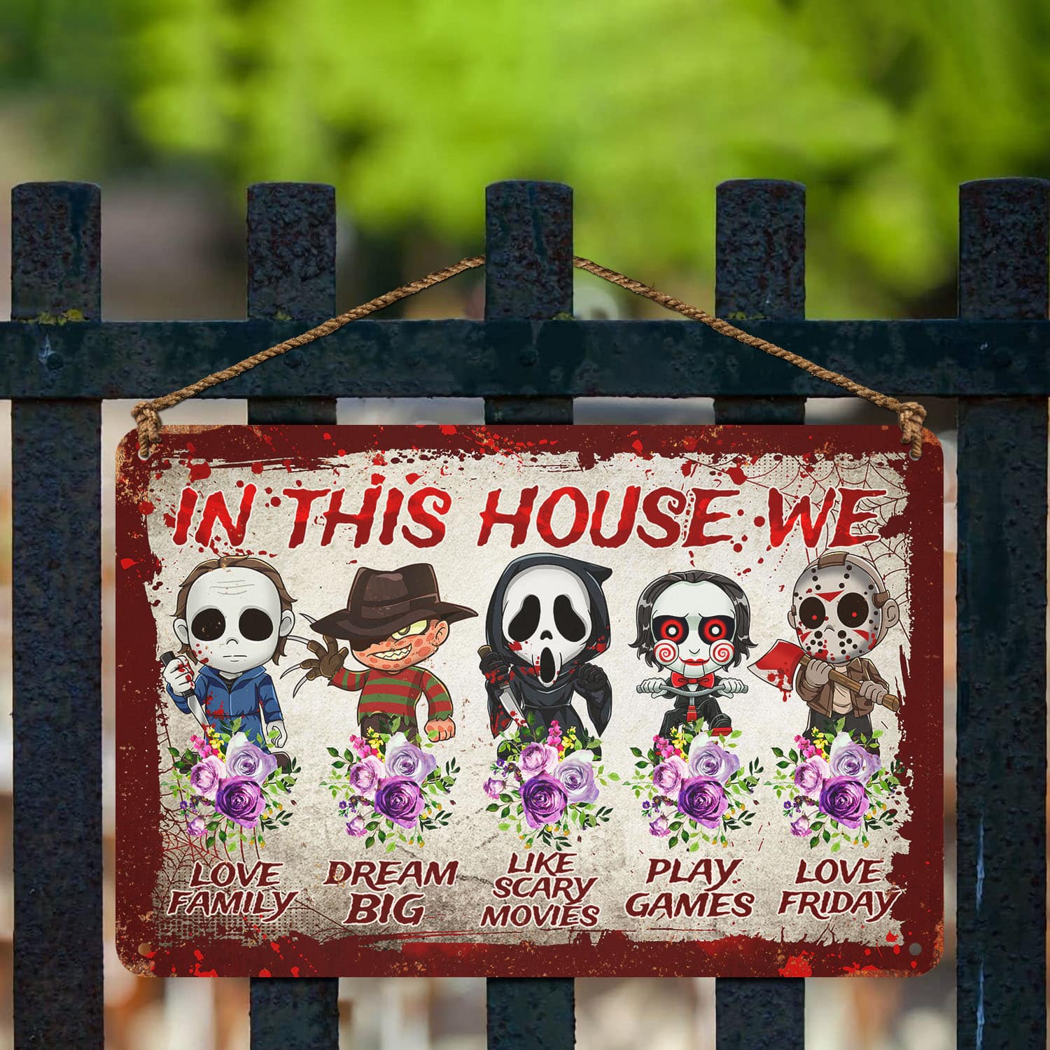 6VT. In This House Horror Metal Sign Metal Sign Mockup 3