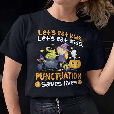 Alternative view of Let's Eat Kids Punctuation Saves Lives Funny Halloween Grammar T-Shirt - V-Neck Shirt