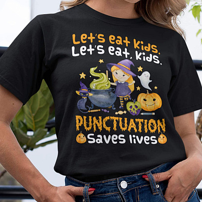 Let's Eat Kids Punctuation Saves Lives Funny Halloween Grammar T-Shirt - V-Neck Shirt