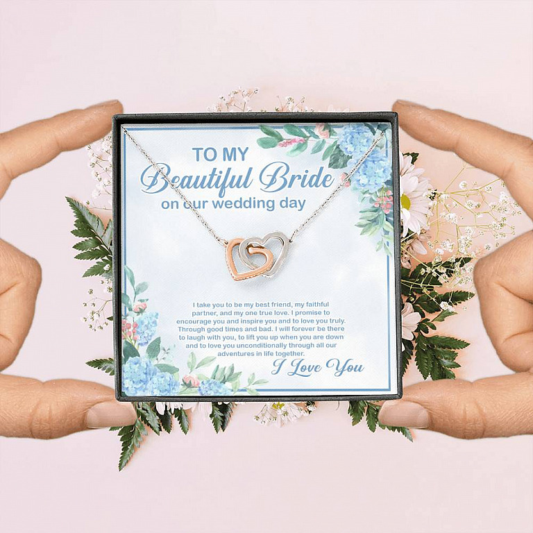 To My Beautiful Bride On Our Wedding Day I Take You To Be My Best Friend Interlocking Hearts Pendant Necklace