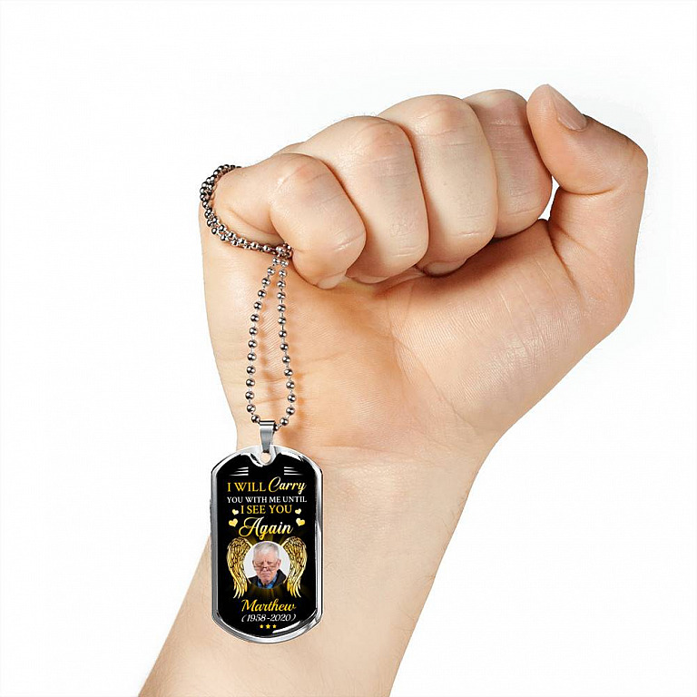 Personalized Photo I Will Carry You with Me Until I See You Again Angel Wings Memorial Dog Tag Pendant Necklace