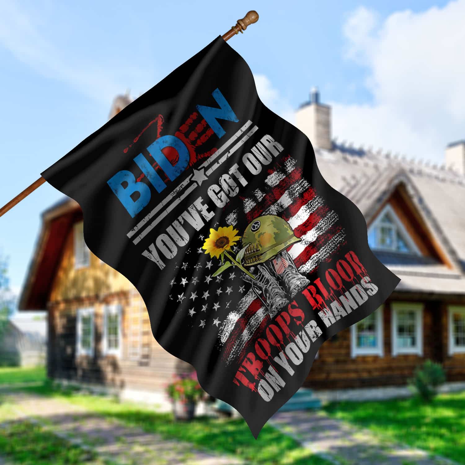 2UT. Biden Troops Blood 30x40 House Flag Mockup 5