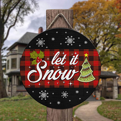 Alternative view of Let It Snow Christmas Decorations Outdoor Sign Decorative Circle Wooden Door Sign - Front Porch Sign Indoor Outdoor Decor
