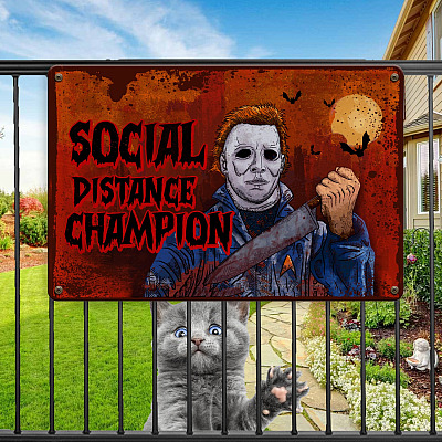 Alternative view of Social Distance Champion Myers Serial Killer Halloween Decorative Metal Sign - Indoor Outdoor Decor Farmhouse