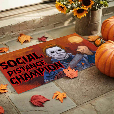 Alternative view of Social Distance Champion Myers Serial Killer Halloween Outdoor Indoor Doormat - Doormat Entry Rug