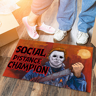 Social Distance Champion Myers Serial Killer Halloween Outdoor Indoor Doormat - Doormat Entry Rug