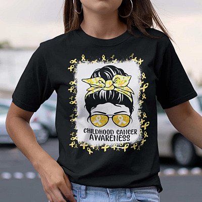 Messy Bun Childhood Cancer Awareness T-shirt - V-neck - Yellow Gold Ribbon Childhood Cancer Support Shirt