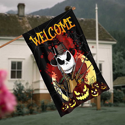 Horror Freddy Skelling-ton Face Saying Welcome Halloween Flag - Scary Freddie Jack Halloween Horror Movie Character Decorative Flag
