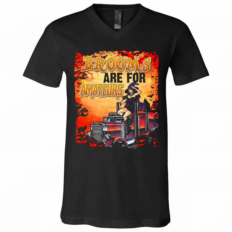 7VT. Trucker Brooms Are For Amateur, Black, V-Neck T-Shirt