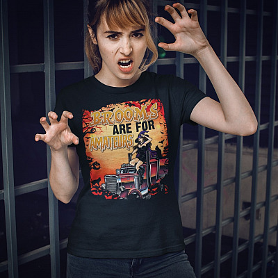 Alternative view of Brooms Are For Amateurs Funny Trucker Witch T-Shirt - V-Neck Shirt - Trucker Halloween Shirt For Women