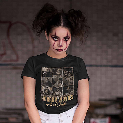 Alternative view of Horror Movies And Chill T-shirt - V-neck - Horror Characters Funny Halloween Shirt