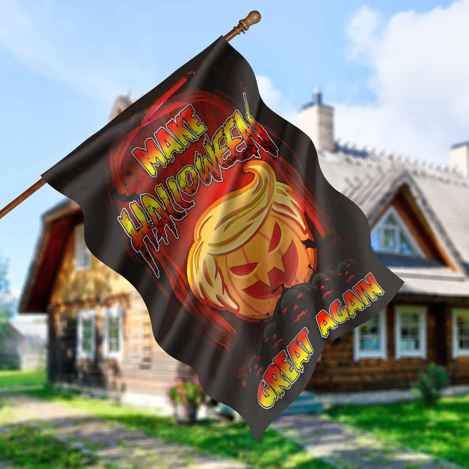 1UT. Make Halloween Trump (flag) 30x40 House Flag Mockup 5