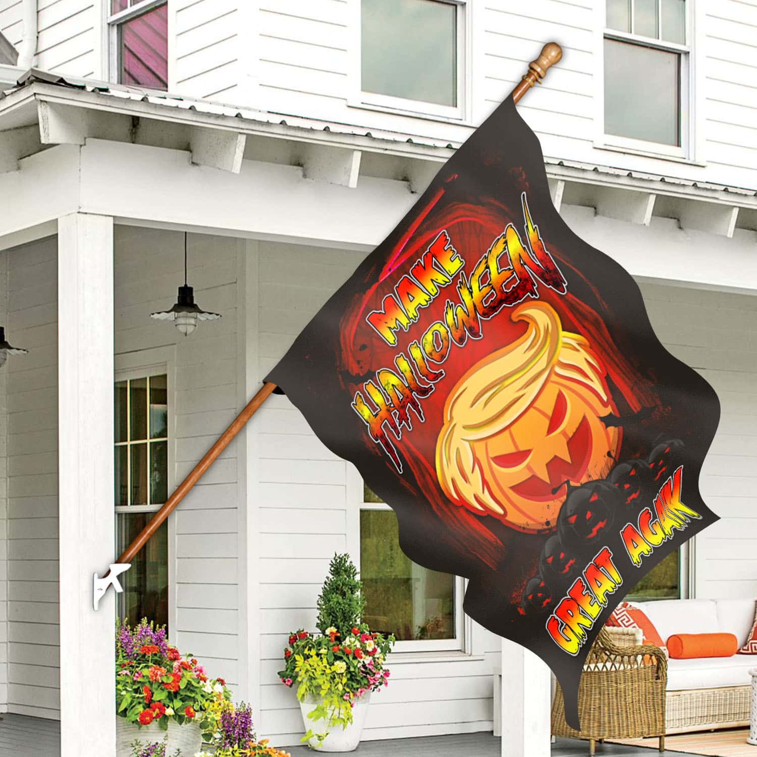 1UT. Make Halloween Trump (flag) 30x40 House Flag Mockup 7
