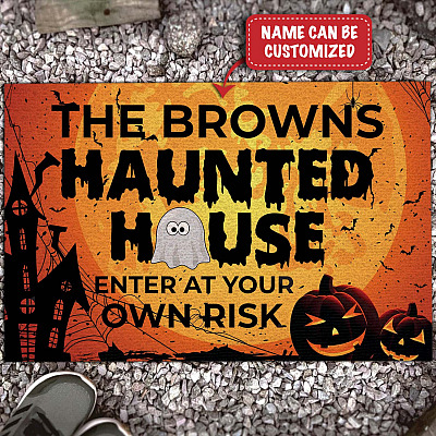 Personalized Name's Haunted House Halloween Enter At Your Own Risk Entrance Doormat - Funny Door Knocker Warning Halloween Door Mat