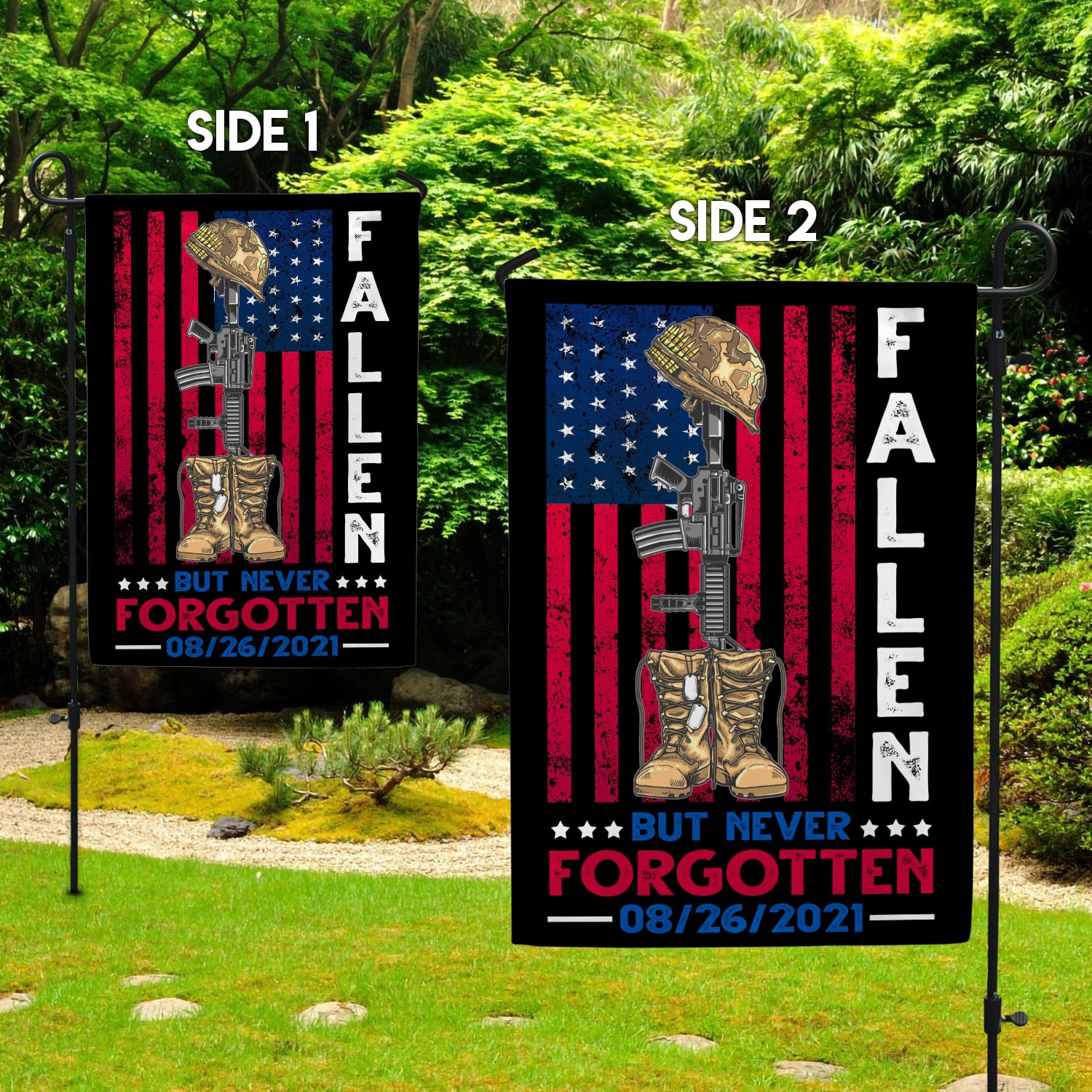 5LV. UU TIEN Fallen But Never Forgotten Tee 2 Garden Flag Mockup 2 Side