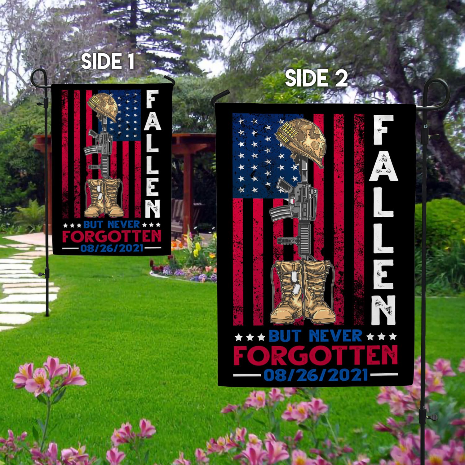 5LV. UU TIEN Fallen But Never Forgotten Tee 2 Garden Flag Mockup 2 Side-1