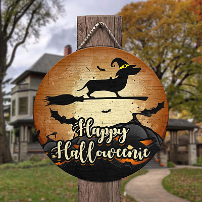Happy Halloweenie Door Hanger Dachshund Doxie Weiner Dog Decorative Circle Wooden Door Sign - Front Porch Sign