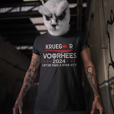 Alternative view of Krueger Voorhees 2024 Let Us Take a Stab At It T-Shirt - Funny Halloween T-Shirt
