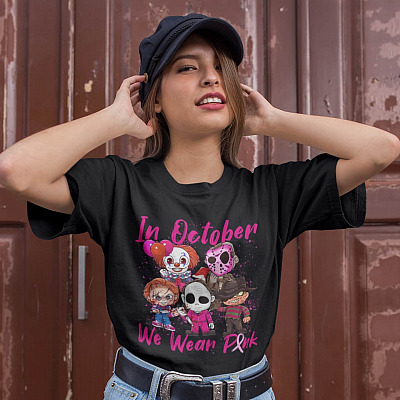 Alternative view of Horror Movie Character in October We Wear Pink T-Shirt - Breast Cancer Halloween Shirt